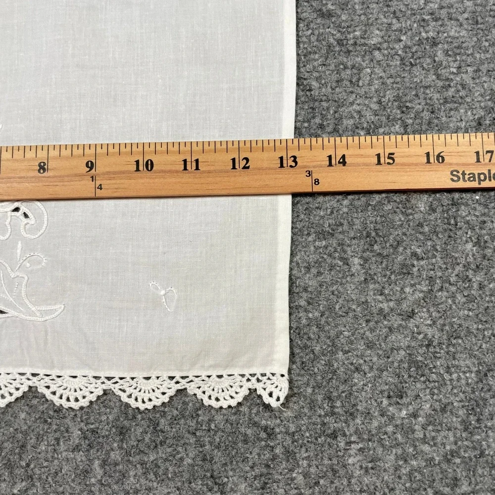 Antique Tea Towel White Vintage Floral Embroidered Lace Trim Cottagecore Bridal